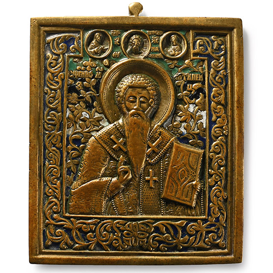 Russian Orthodox Enamelled Bronze Travel Icon with Saint Antipas of Pergamum