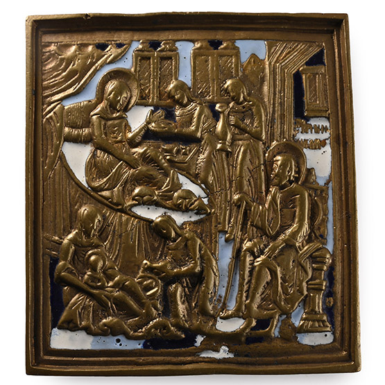 Russian Orthodox Enamelled Bronze Travel Icon with the Birth of the Virgin