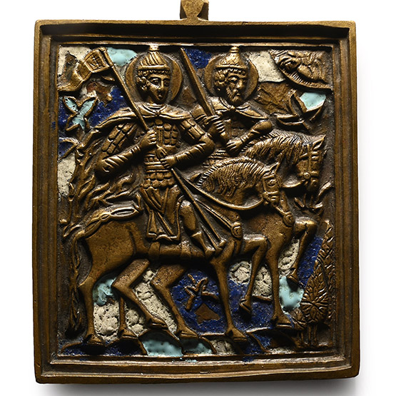 Russian Orthodox Enamelled Bronze Travel Icon with Saints Boris and Gleb