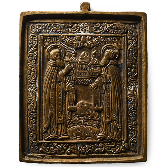 Russian Orthodox Enamelled Bronze Travel Icon with Saints Zosima and Sabbas