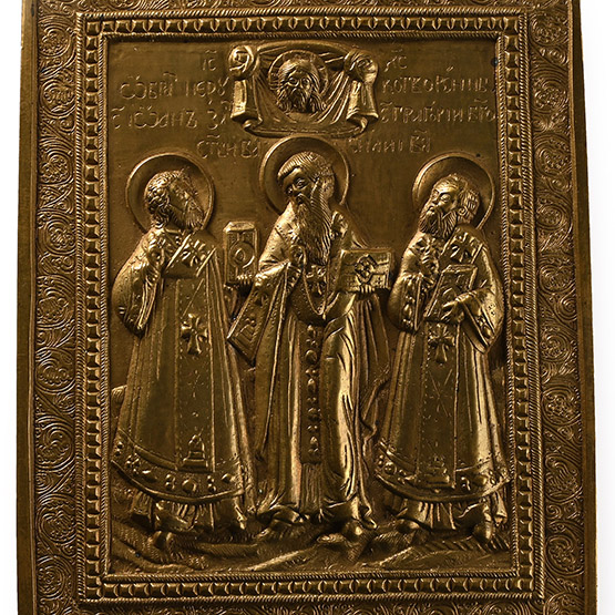 Russian Bronze Travel Icon with the Three Hierachs of Orthodoxy