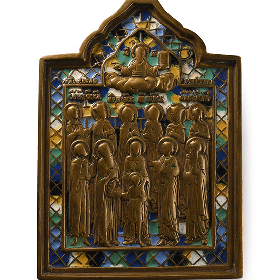 Russian Orthodox Enamelled Bronze Travel Icon with Saint Julyttas and Her Son Cyricus
