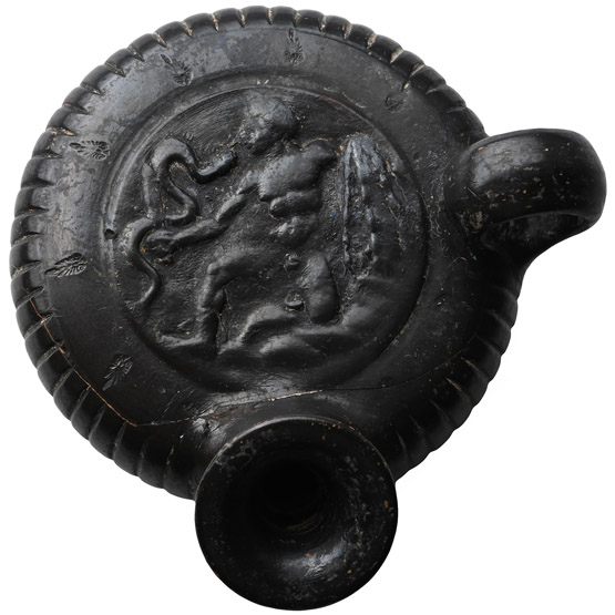 Greek Black-Glazed Guttus with Infant Hercules