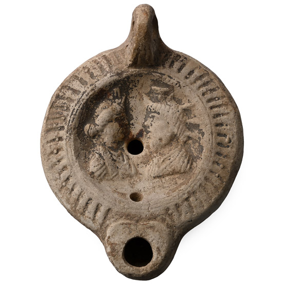 Roman Terracotta Oil Lamp with Isis and Serapis