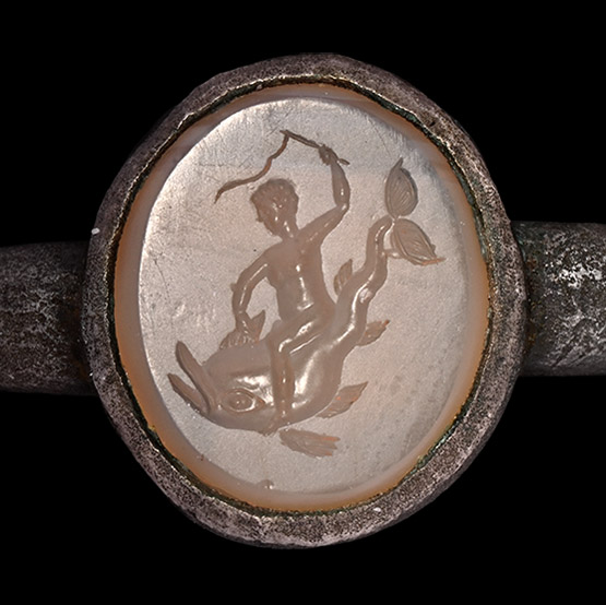 Roman Silver Ring with Gemstone of Cupid Riding a Dolphin
