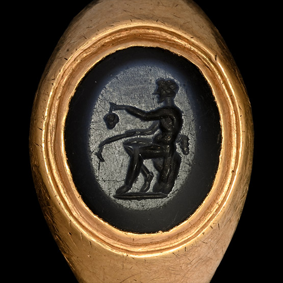 Roman Nicolo Gemstone with Seated Satyr in Gold Ring