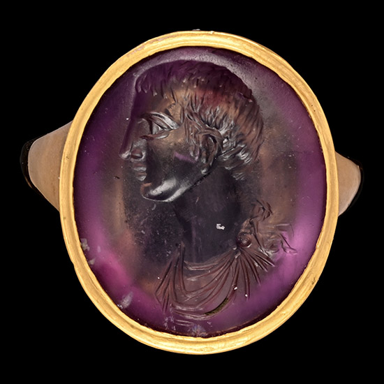 Large Eastern Roman Amethyst Gemstone with Male Bust in Gold Ring