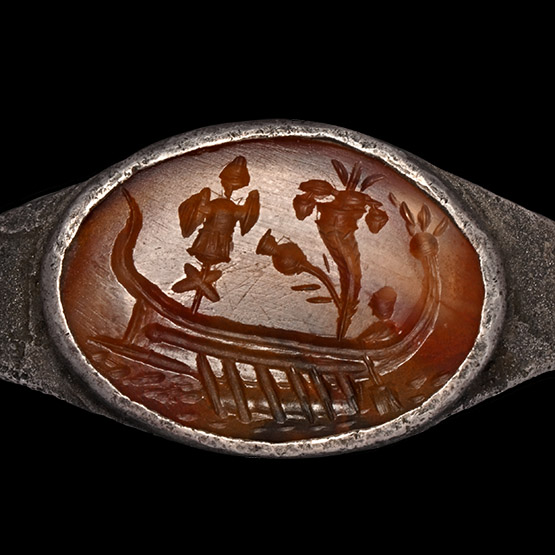 Roman Silver Ring with Agate Gemstone with Roman War Ship with Trophy