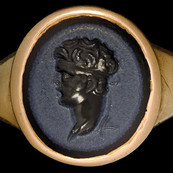 Roman Nicolo Gemstone of the Bust of an Ephebos in Grand Tour Gold Ring