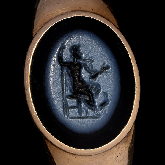 Roman Nicolo Gemstone with Seated Jupiter with Eagle in Gold Ring