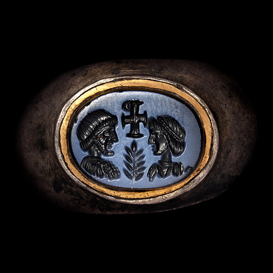 Late Roman Silver Ring with Nicolo Gemstone with Facing Busts and Chi Rho