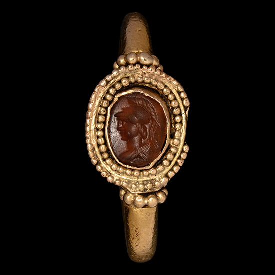 Roman Carnelian Gemstone with Bust of Minerva in Gold Ring