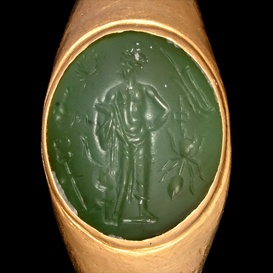 Roman Gold Ring with Green Chalcedony Gemstone with Pantheistic Deity