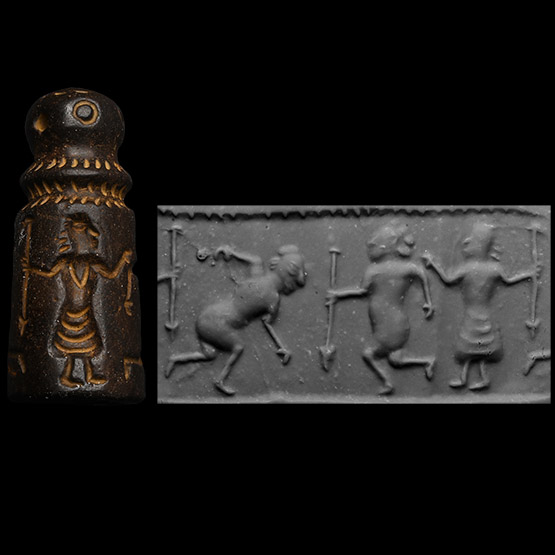 Large Mesopotamian Stone Stamp Seal with Lion and Figural Scene