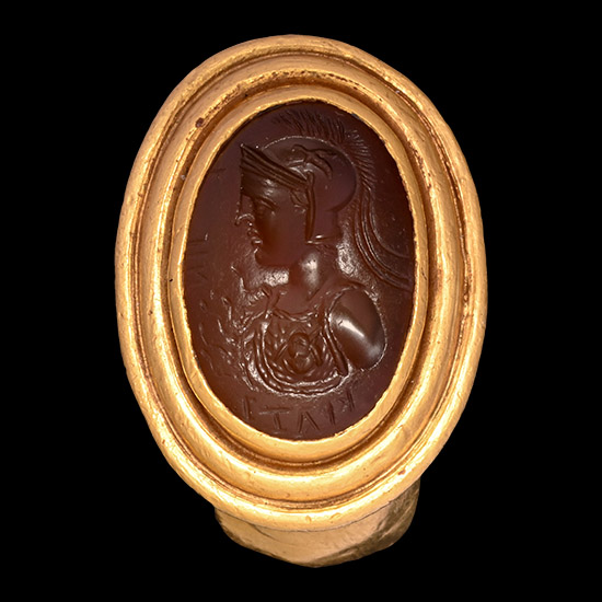 Large Roman Gold Ring with Carnelian Gemstone with Bust of the Goddess Athena and Inscription