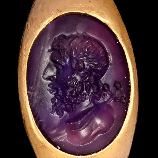 Eastern Byzantine Amethyst Gemstone of a Male Bust with Cross in Gold Ring