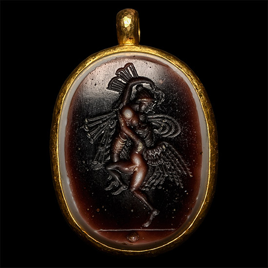 Large Post-Classical Glass Gem with Dancing Figures in Gold Mount