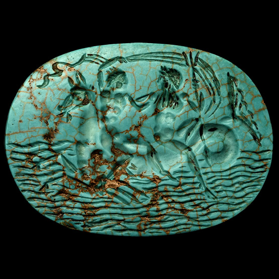 Large Post-Classical Turquoise Gemstone with Mythological Scene of Poseidon with Amphitrite on Seahorse