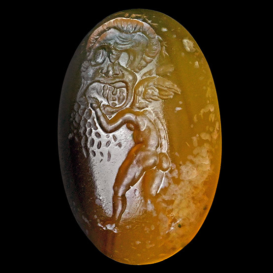 Roman Carnelian Gemstone with Eros, the Greek God of Love Holding a Theatrical Mask