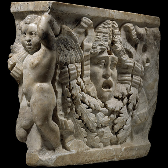 Large Roman Marble Garland Sarcophagus Panel with Theatrical Mask and Eros, the Greek God of Love