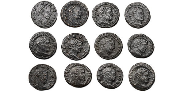Group of Twelve [12] Maximian and Severus II AE Coins.