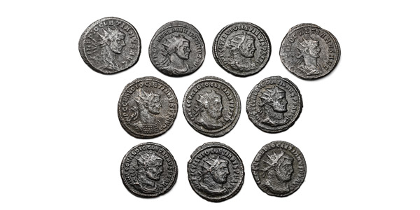 Group of Ten [10] Diocletian and Maximian AE Antoniani Coins.