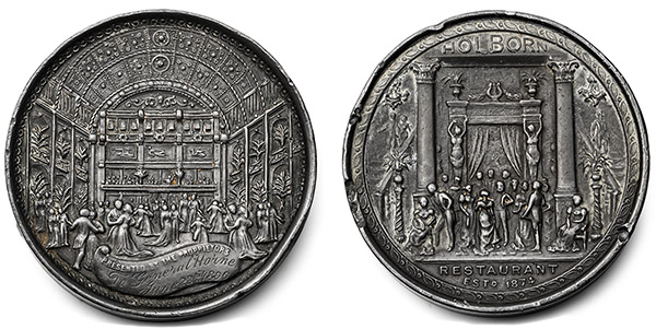 Great Britain. Time of Hanover, Holborn Restaurant Cast Bronzed Pewter Presentation Medal.