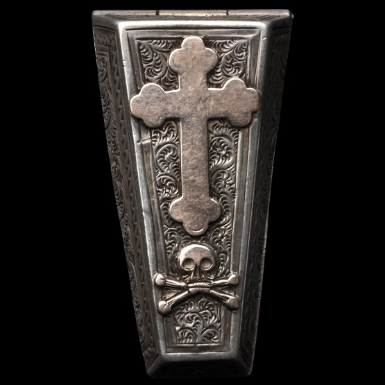 Victorian Silver Memento Mori Lidded Coffin-Shaped Casket with Skull and Crossed Bones