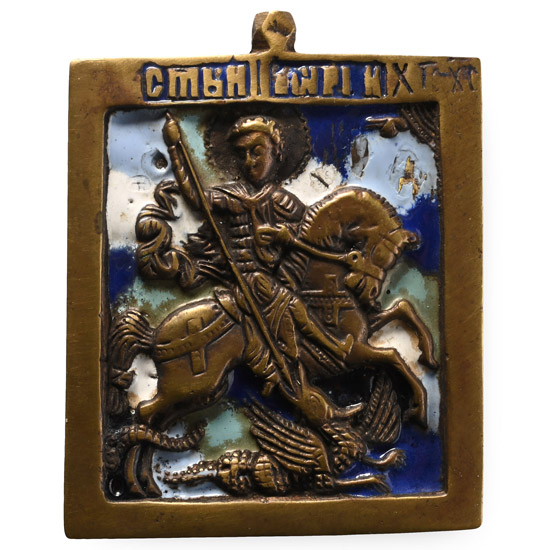 Russian Orthodox Enamelled Bronze Travel Icon with Saint George