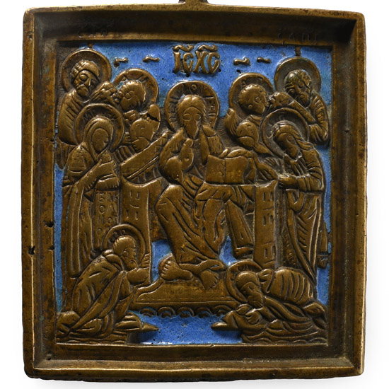 Russian Orthodox Enamelled Bronze Travel Icon with Extended Deesis