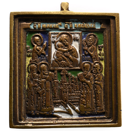 Russian Orthodox Enamelled Bronze Travel Icon with Veneration of the Virgin of Vladimir