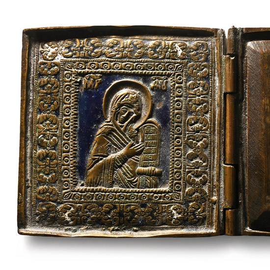 Russian Orthodox Enamelled Bronze Triptych Icon with Christ, Virgin Mary and Saint John
