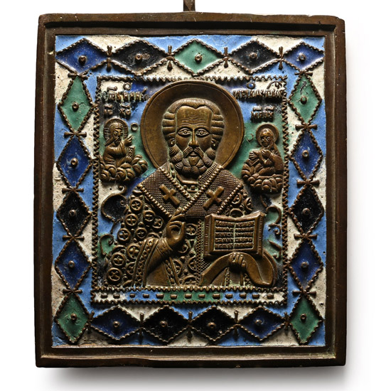 Russian Orthodox Enamelled Bronze Travel Icon with Saint Nicholas