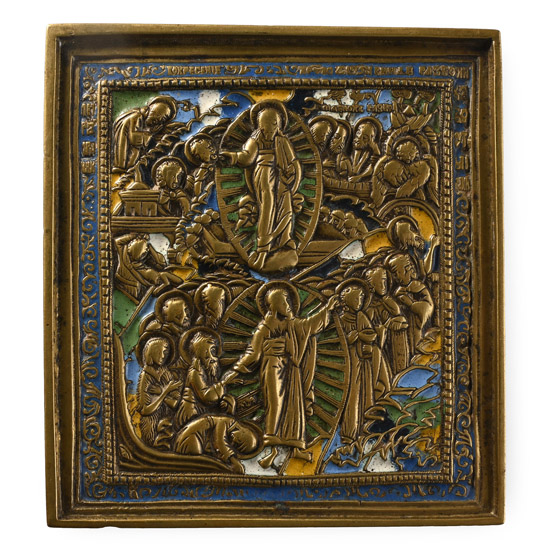 Russian Orthodox Enamelled Bronze Travel Icon with Anastasis