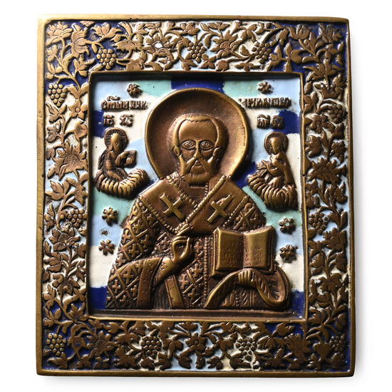 Russian Orthodox Enamelled Bronze Travel Icon with Saint Nicholas