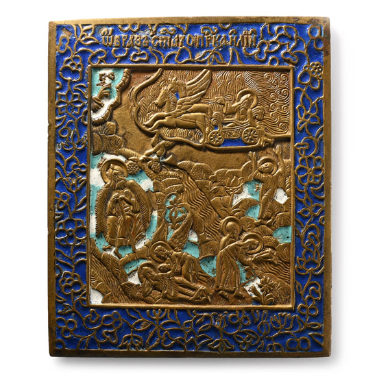 Russian Orthodox Enamelled Bronze Travel Icon with Scenes of the Life of the Prophet Elijah