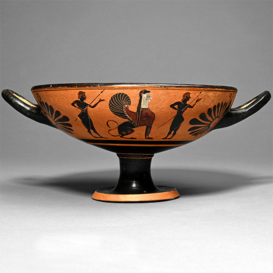 Greek Black-Figure Kylix with Warriors and Sphinxes