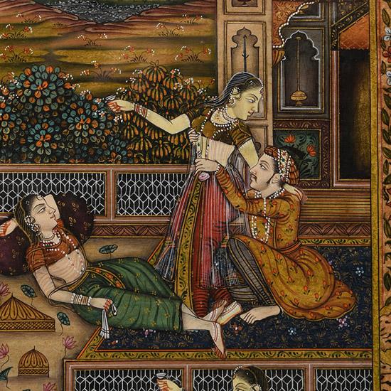 Framed Indian Watercolour Painting with Courtly Scene