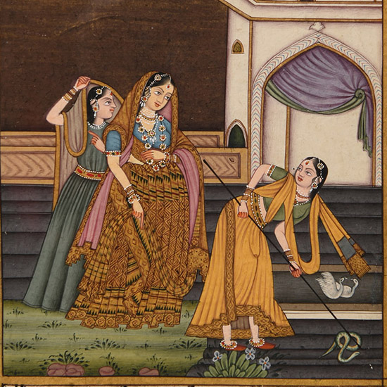 Framed Indian Watercolour Manuscript Leaf with Noble Ladies