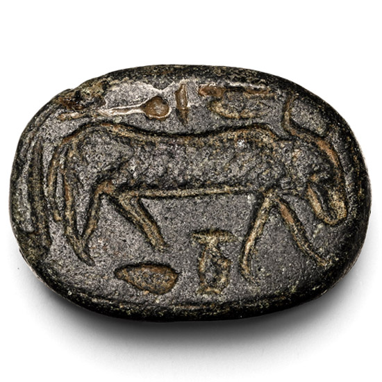 Egyptian Steatite Bifacial Scaraboid with Face and Bull
