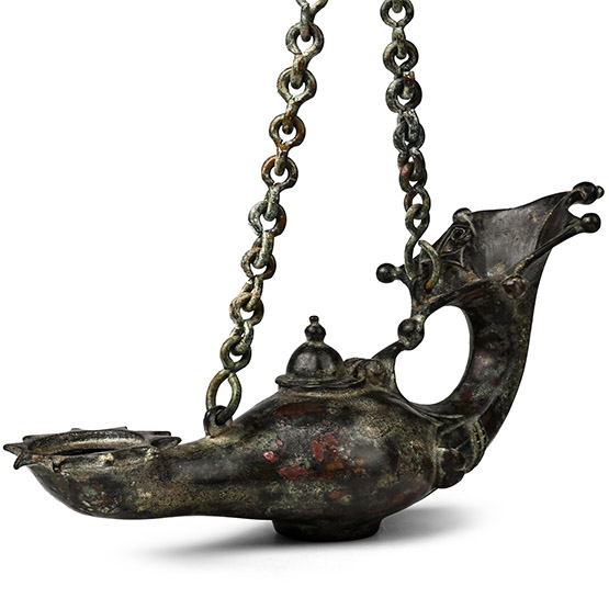Byzantine Bronze Oil Lamp with Chain and Chi Rho