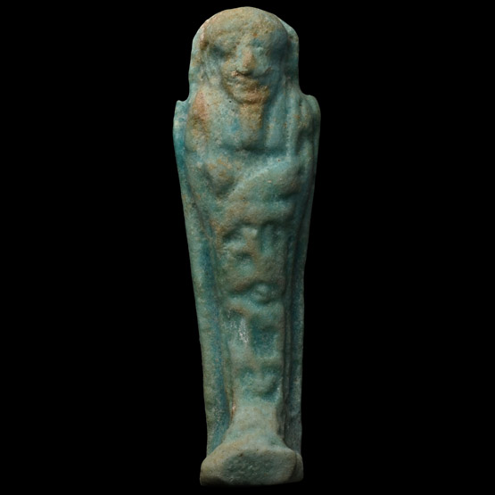 Egyptian Blue-Glazed Faience Shabti with Hieroglyphs