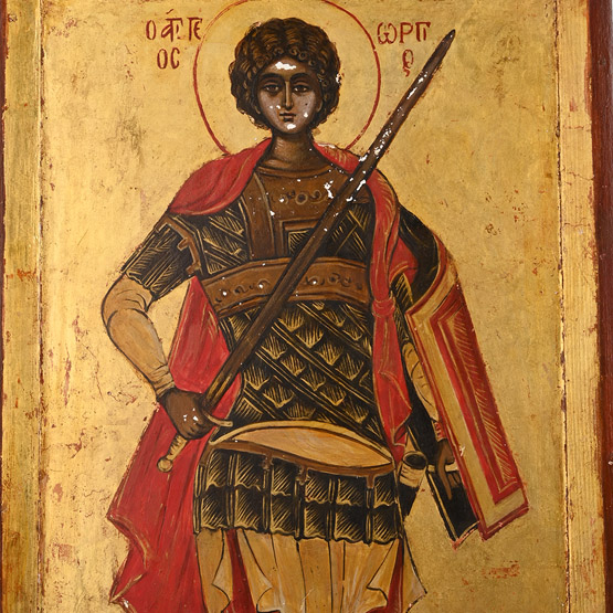 Painted Gilt Wooden Icon of Byzantine Saint George