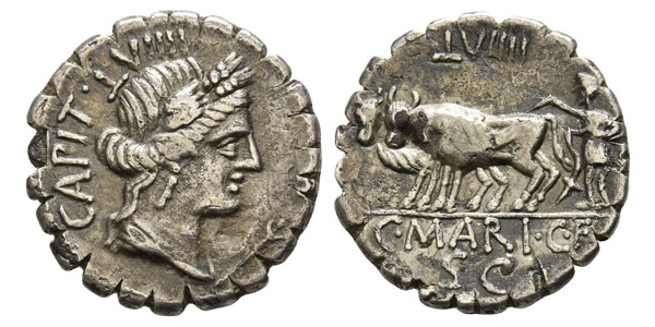 C. Marius C. f. Capito AR Serrate Denarius.