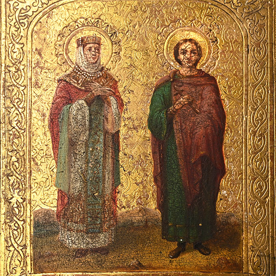Russian Orthodox Icon with Saints Tamara (Holy Empress of Georgia, Tamara the Great), and Valerian