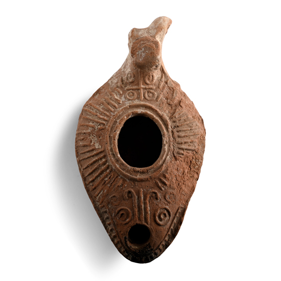 Byzantine Terracotta Slipper Oil Lamp with Animal Head and Cross Below