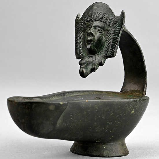 Roman Bronze Oil Lamp with Mask Handle