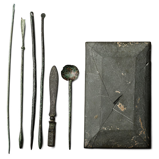 Roman Schist Medical Palette and Bronze Instrument Set