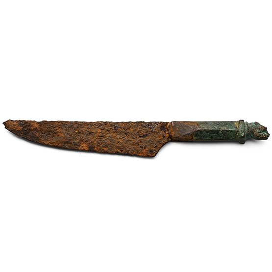 Roman Iron Knife with Bronze Dogs Head Handle