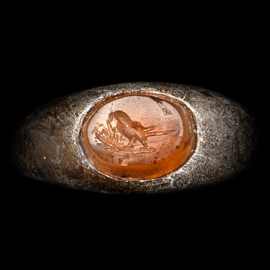 Roman Silver Ring with Carnelian Gemstone with Bird Holding a Branch